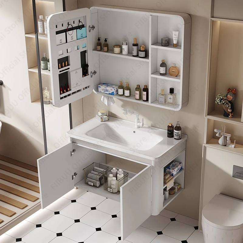 Combinação de vaidade flutuante moderna do banheiro com uma peça cerâmica pia bacia espelho armário torneira design para grande armazenamento