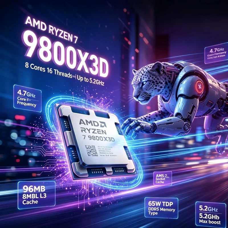 AMD Ryzen 7 9800X3D CPU 4.7GHz 8 Core 16 Thread 96MB L3 Cache 8MB L2 Cache AM5 Socket DDR5 Memory 4nm Processor No Fan