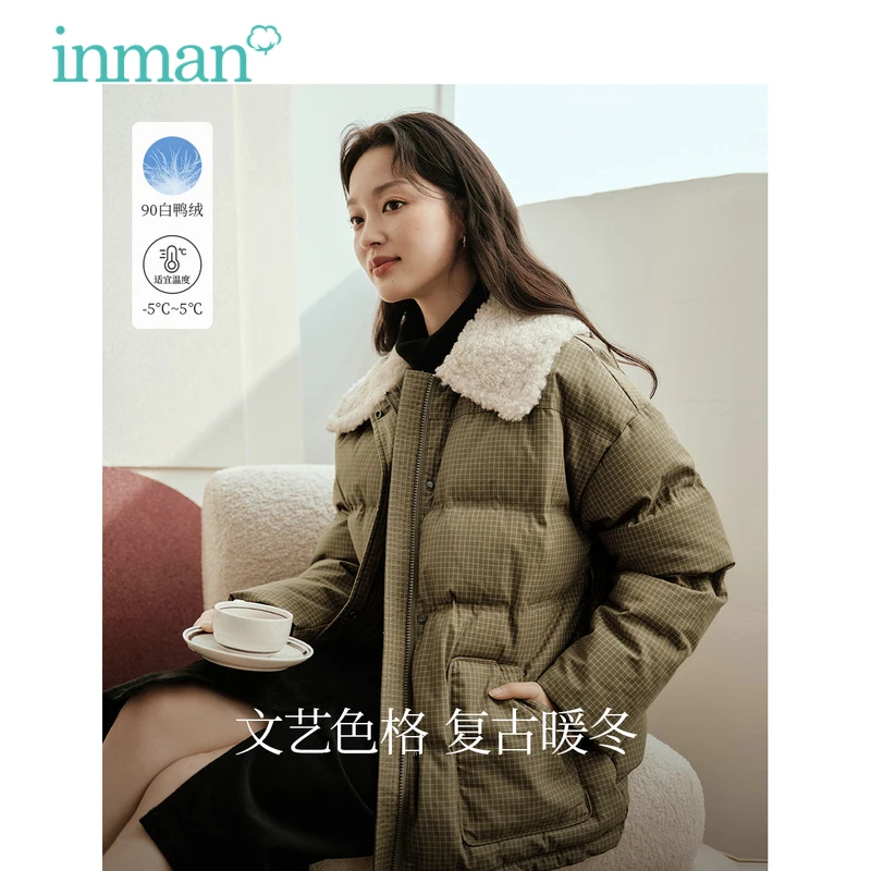 

INMAN Women Down Jacket 2023 Winter Long Sleeve Lamb Fur Lapel Loose Thick Coat Adjustable Waistband Fashion Warm Outwear