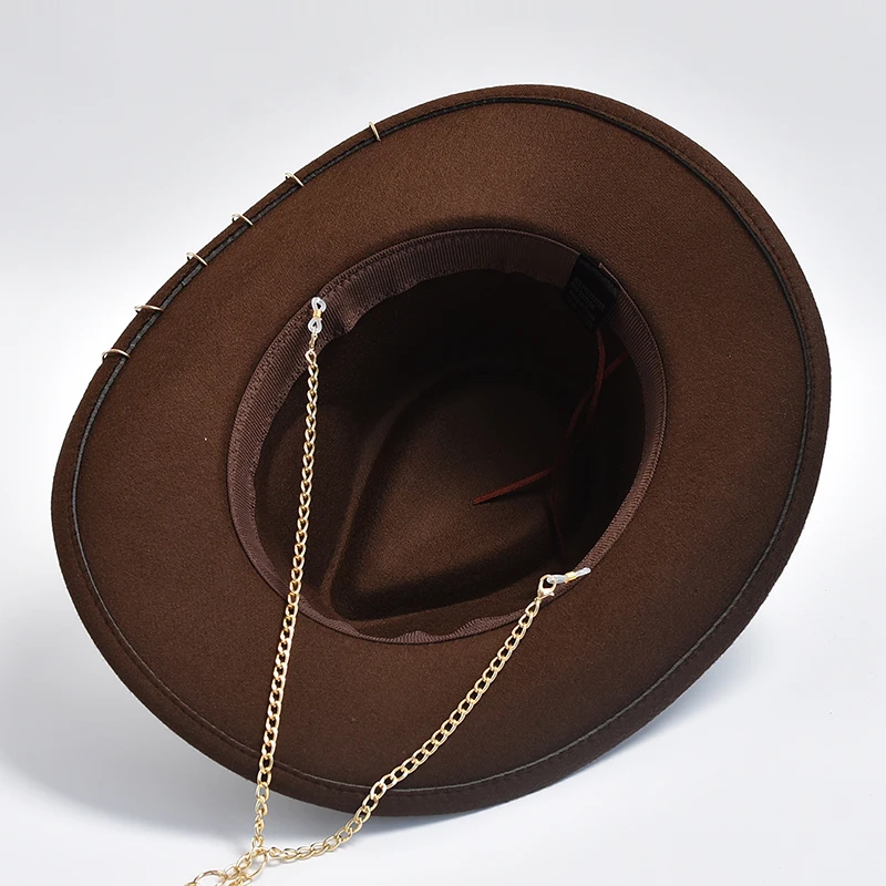 Retro Fedora Hats for Women Men Metal Chain Decor Felt Jazz Hats Curved Brim Western Cowboy Hat Sombrero Hombre