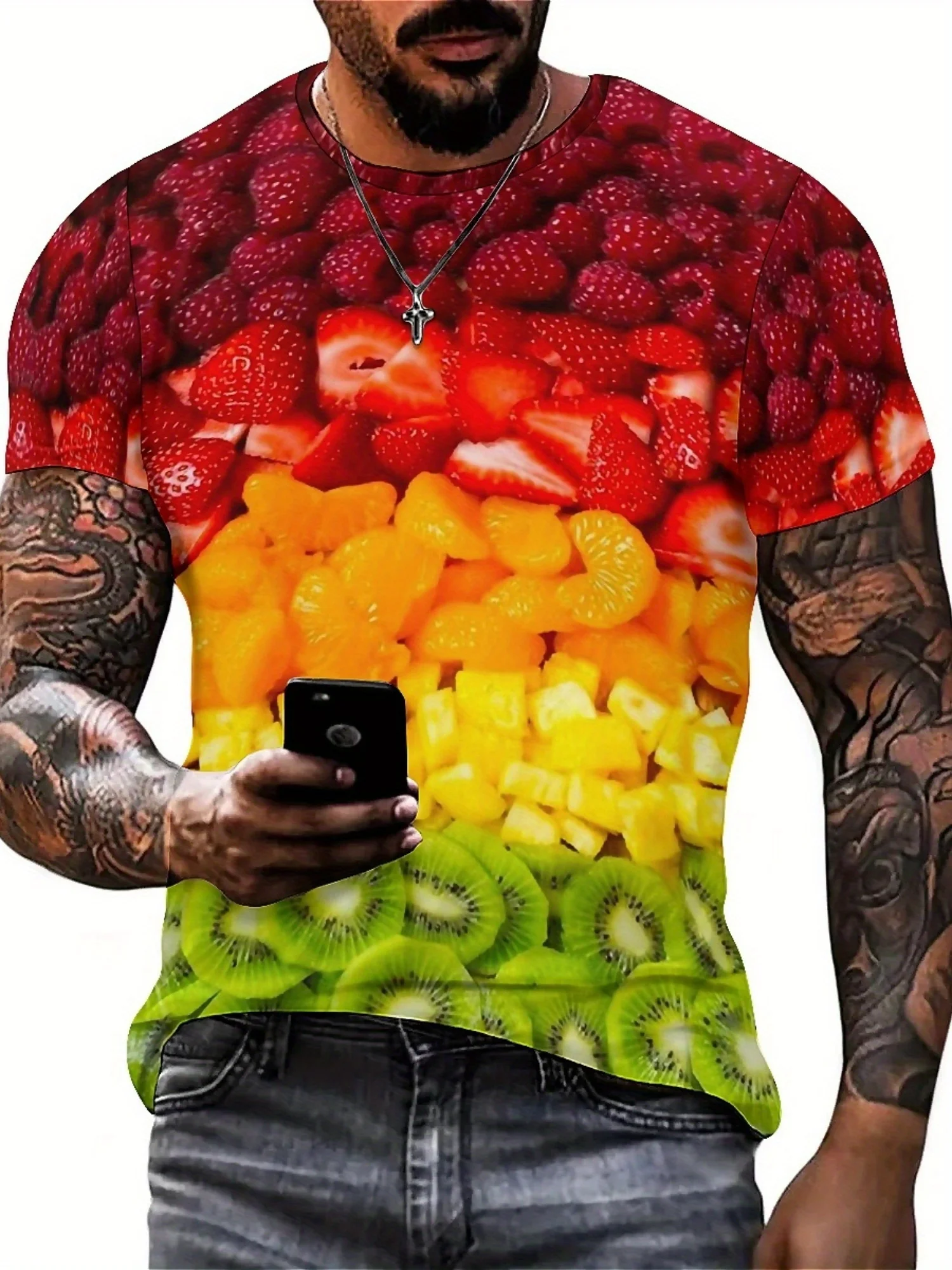 تي شيرت رجالي بأكمام قصيرة وطبعة فواكه ثلاثية الأبعاد بتصميم هندسي لكامل الجسم، قماش مسامي، ملابس في اتجاهين للحفلات