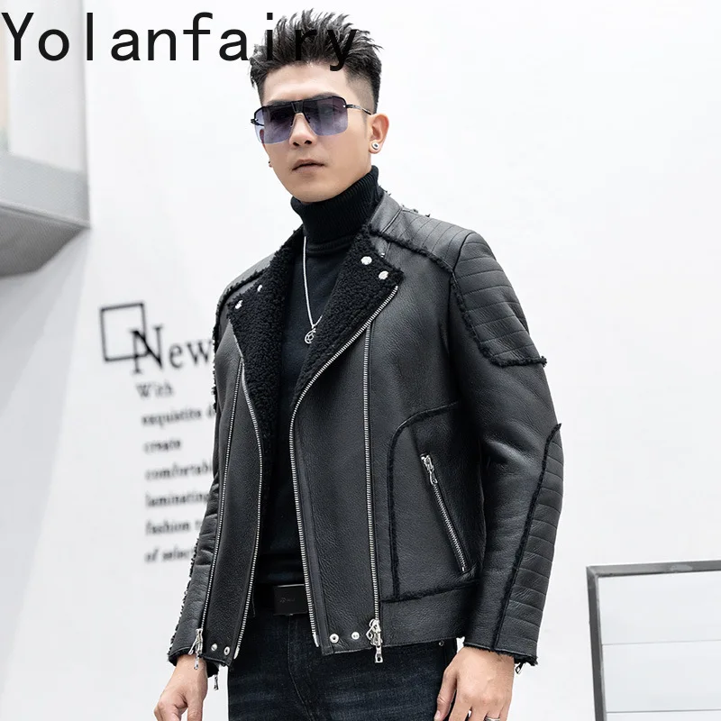 YOLANFAIRY جديد فاخر الشتاء الصوف الطبيعي معطف الفرو رجل قصير دافئ الرجال دراجة نارية سترة جلدية حقيقية معاطف جلد الغنم الحقيقي