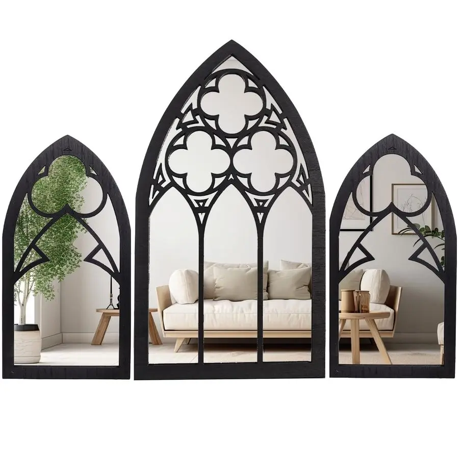 

Mirrors Wall Decor 3 Piece Set 15.8 Inch Gothic Furniture Cathedral Mirrors Halloween Decor for Bathroom and Kitchen Goth Acces