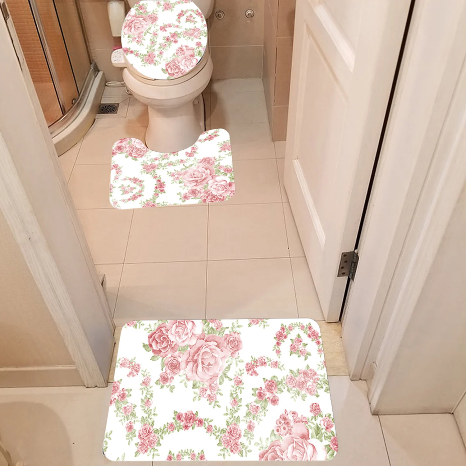 3-Piece Floral Bathroom Mat Set - Waterproof Polyester Toilet Seat Cover, Lid Cover, Non-Slip Bath Rug - Lightweight Cushions, H