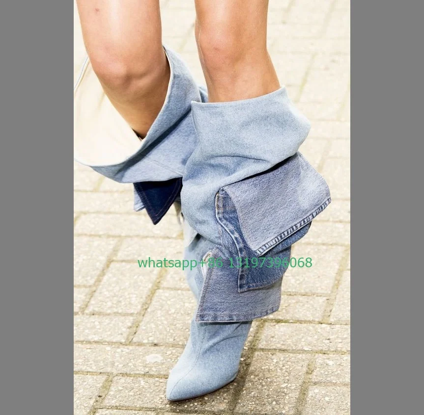 

Lady cowboy style denim pocket knee boots pointed toe retro style vintage denim new arrive blue pocket boots daily dress size 46