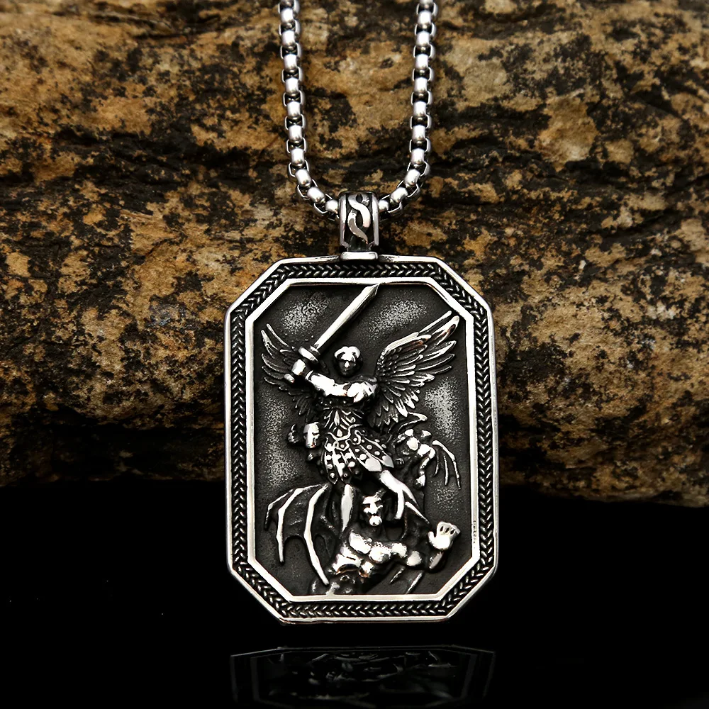 

100pcs/lo titanium steel men's vintage angel guardian stainless steel necklace jewelry punk trend pendant