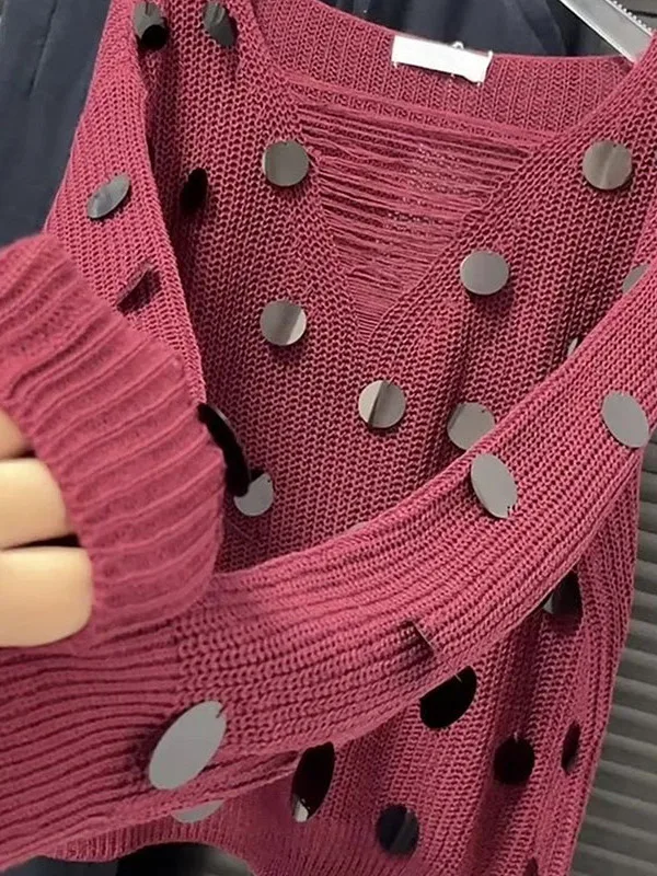 

Модный ажурный трикотаж V-Ne, женская верхняя одежда, повседневный свободный крой, длинный свитер из полиэфирного волокна Sve Crew Ne