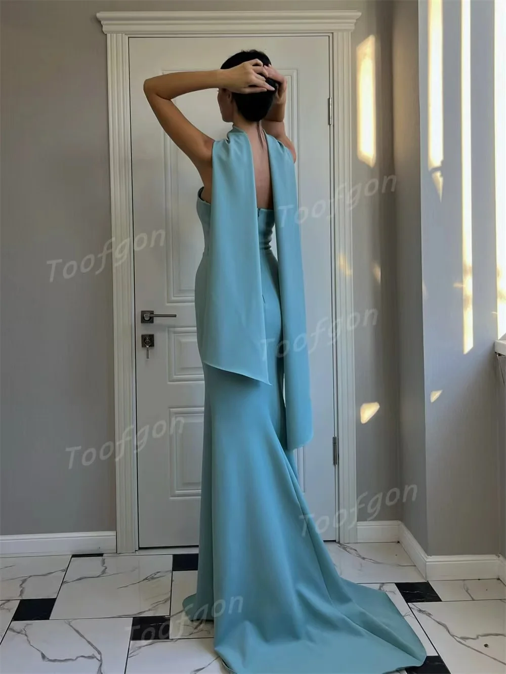 Toofgon céu azul cetim vestidos de noite sereia fitas vestidos de gala sem alças vestidos de ocasião sob medida personalizados