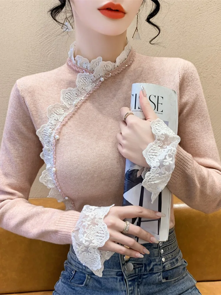 เสื้อสเวตเตอร์ถักคอสูงแต่งลูกไม้สำหรับผู้หญิง แขนยาว ทรงเข้ารูป สไตล์ลำลอง สำหรับฤดูใบไม้ผลิและฤดูใบไม้ร่วง รุ่นใหม่