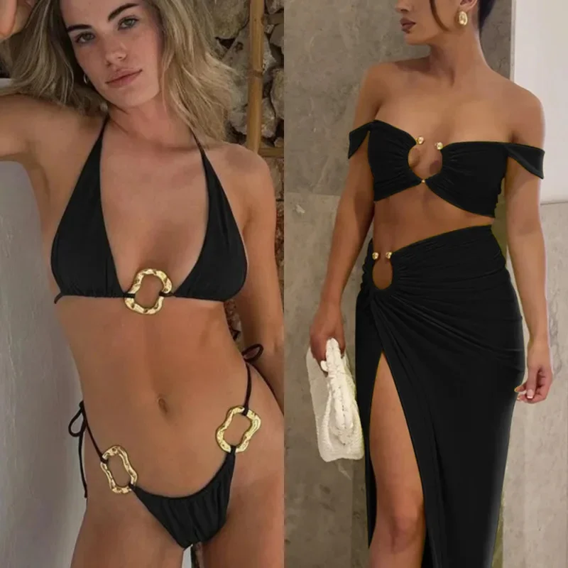 Metallic Beach Bikini Skirt Set 2024 Brazilian Sexy Decorative Hardware Cropped Tank Top And High-Waisted Bodycon Thong Bikini