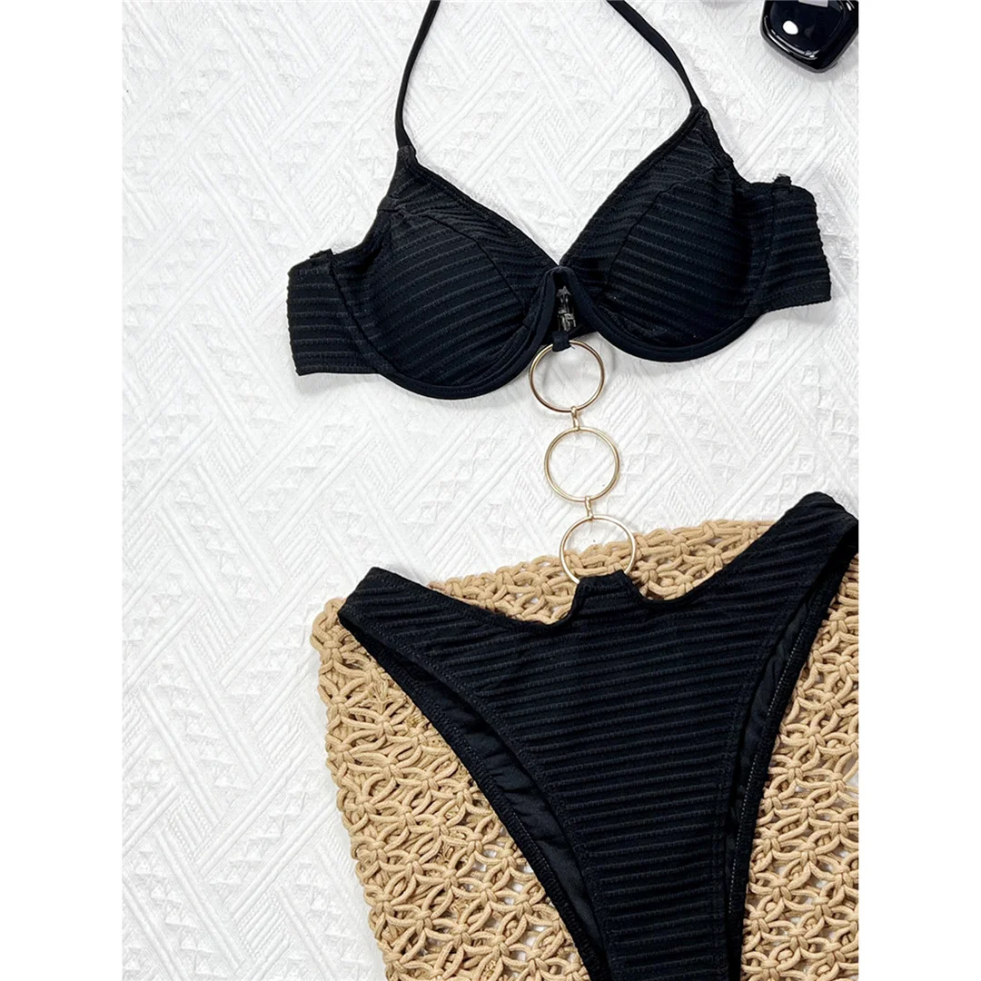 Badeanzug mit hohem Beinausschnitt, Badebekleidung für Damen, mit Metallringen, geraffter Stoff, mit Bügel, einteiliger Badeanzug, Damen-Monokini V7037 – Detail 8