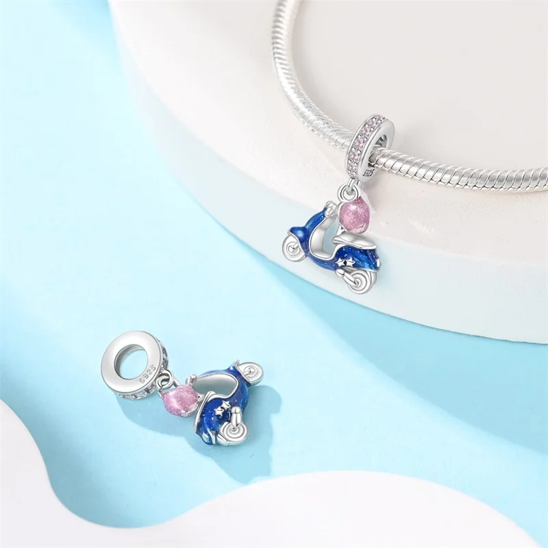 

925 Sterling Silver Romantic Electric Vehicle Charms Pendant Zircon Dangle Fit 3mm Original Bracelet DIY Women Birthday Jewelry