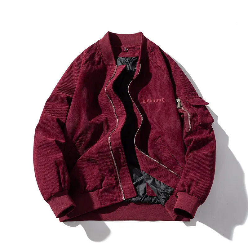 New Retro American Letter Embroidered Coat Striped Corduroy Baseball Uniform Men's Couple Pilot Jacket