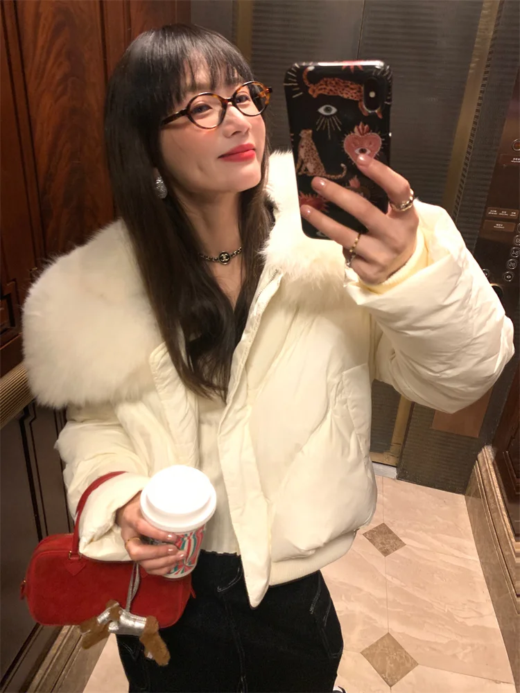 Dames Thiened Ort Down Jaet 2024 Nieuwe Sle Witte Grote Bontkraag Brood Sle Jas Koreaanse Versie Nylon Du Do...