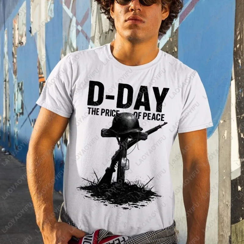 Helmet Rifle D-Day T-Shirt Unisex Tee 1944 World War II Normandy Military History Outfit Cotton Tshirt Summer Fashion Casual Top