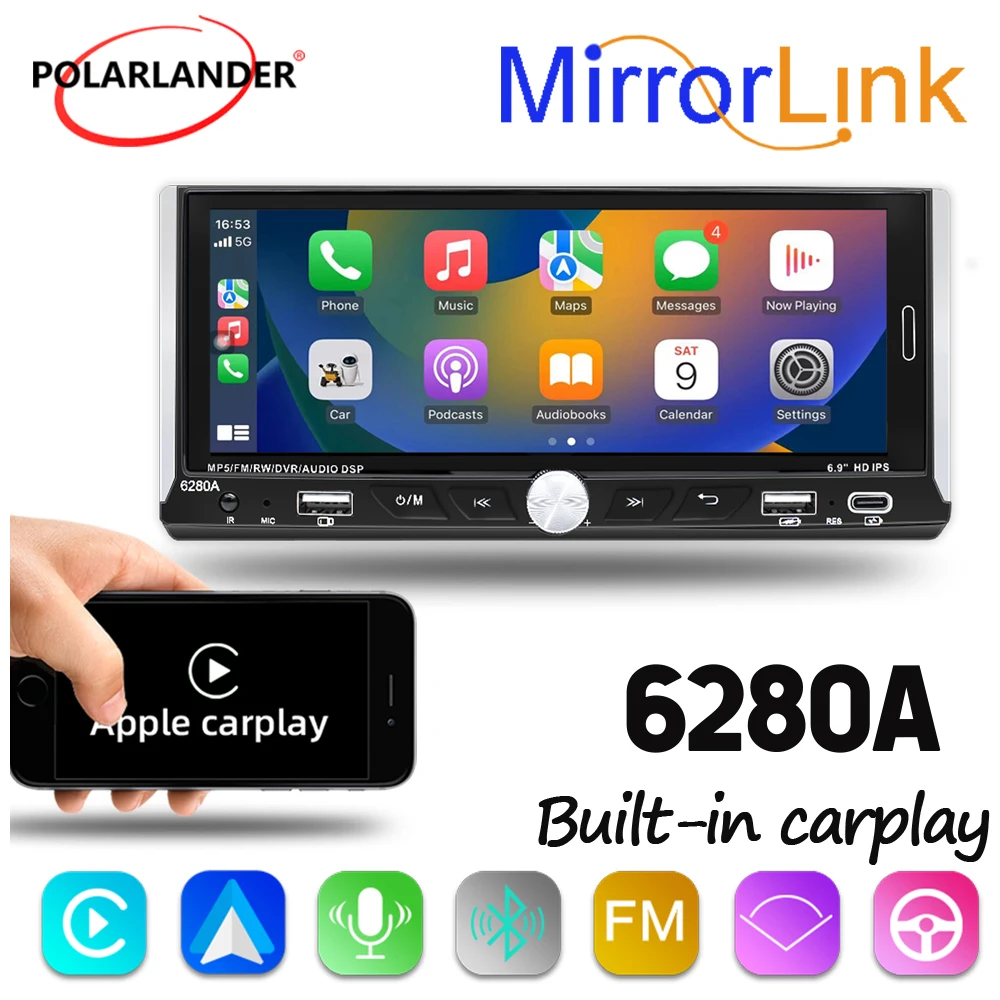 6280A Android 13.0 1 Din  Car Radio 2.5D IPS Support Split screen Touch Screen 2+64G 6.9 inch Bluetooth Car MP5 Player