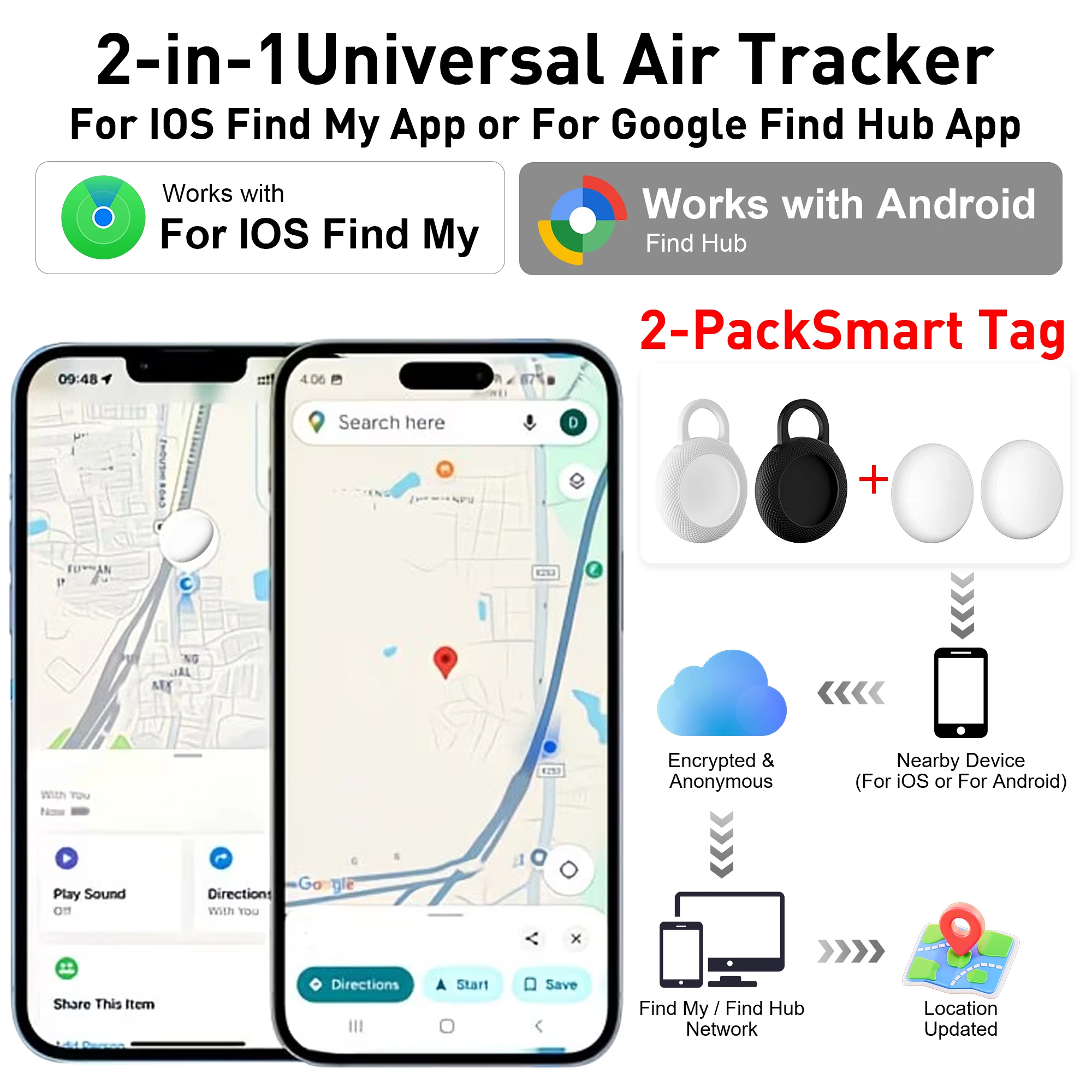 2-Pack Dual-System Bluetooth Item Tracker Tags Compatible with Find My Google Find Hub for Android And iOS
