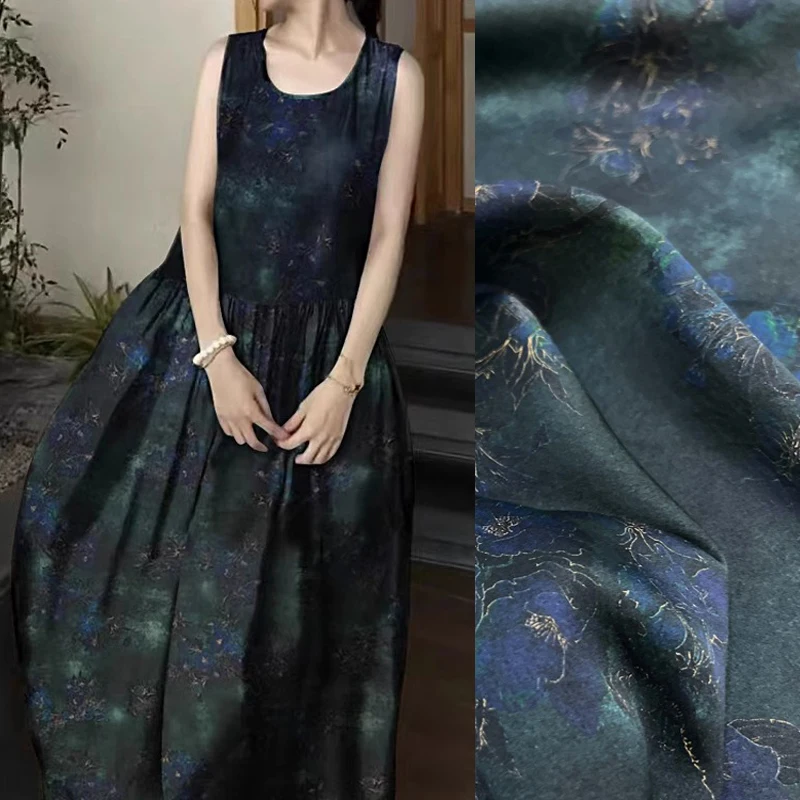 Soft Gambiered Guangdong Silk Fabric with Magic Blue Floral on Dark Green for DIY Blouse Cheongsam Dress-120CM Wide 25MM R393