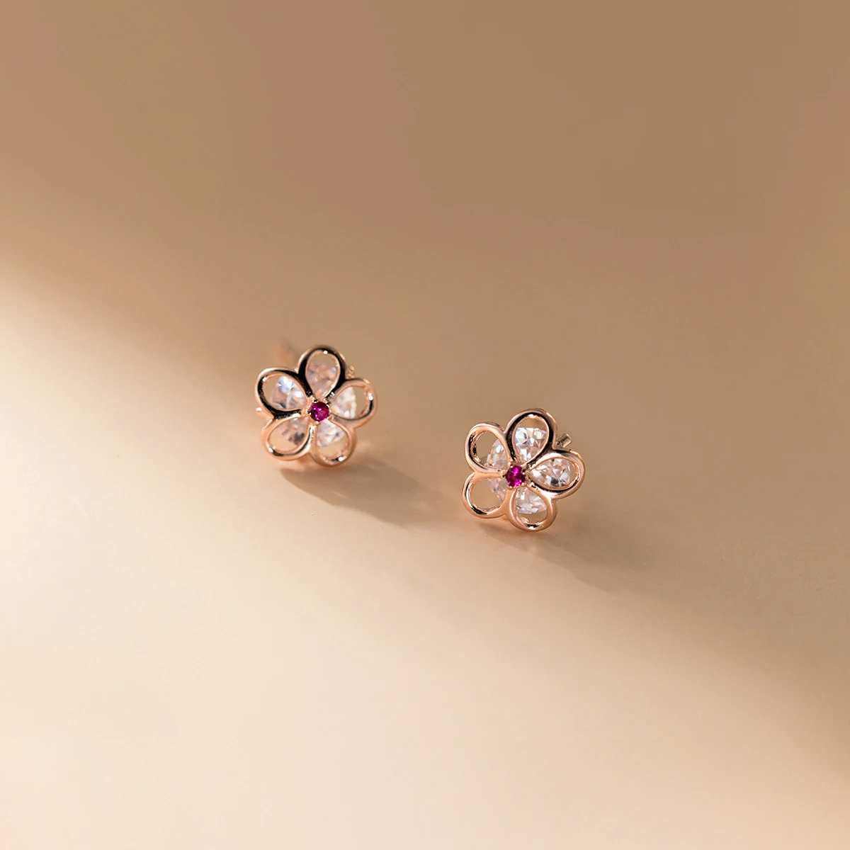 Modian Summer Beach 100% 925 Sterling Silver Pink Crystal Zircon Stud Earrings For Women Clear CZ Hollow Flower Silver Jewelry
