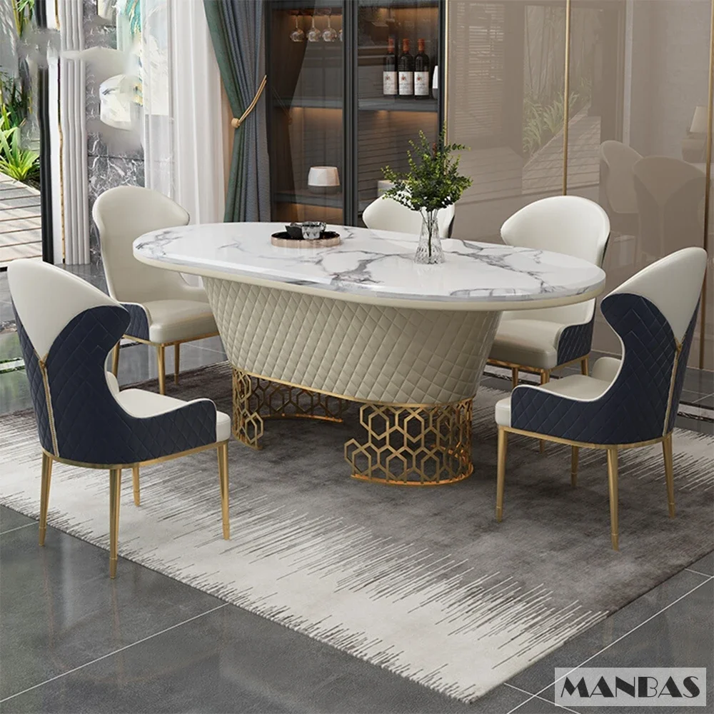 Luxury Dining Table Set with 6 Stainless Steel Leather Chairs and Oval Marble Table - Perfect for Kitchen and Dining Room Decor