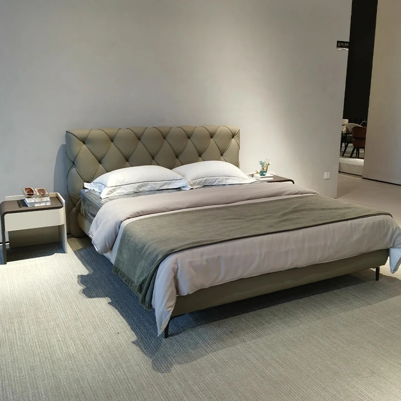 

150x200cm 180x200cm Italian minimalist leather Beds first layer cowhide double bed 2 people Bedroom Furniture bed frame twin