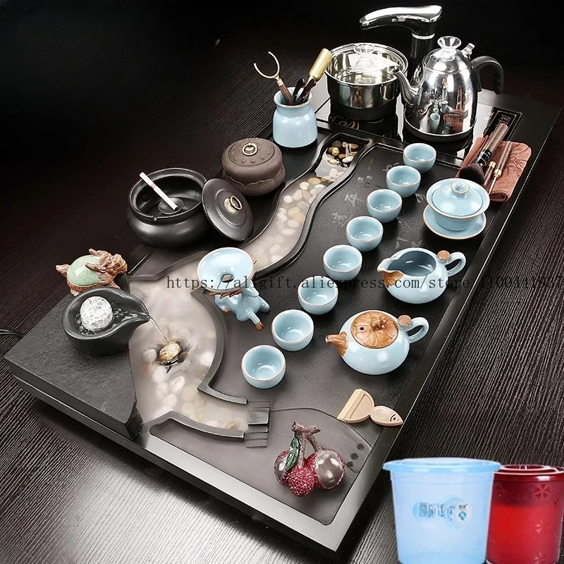 

Complete Wuyinshi Tea Tray Kung Fu Tea Set Household Whole Set Automatic Water Supply Atomization Flowing Tea Table Living Room