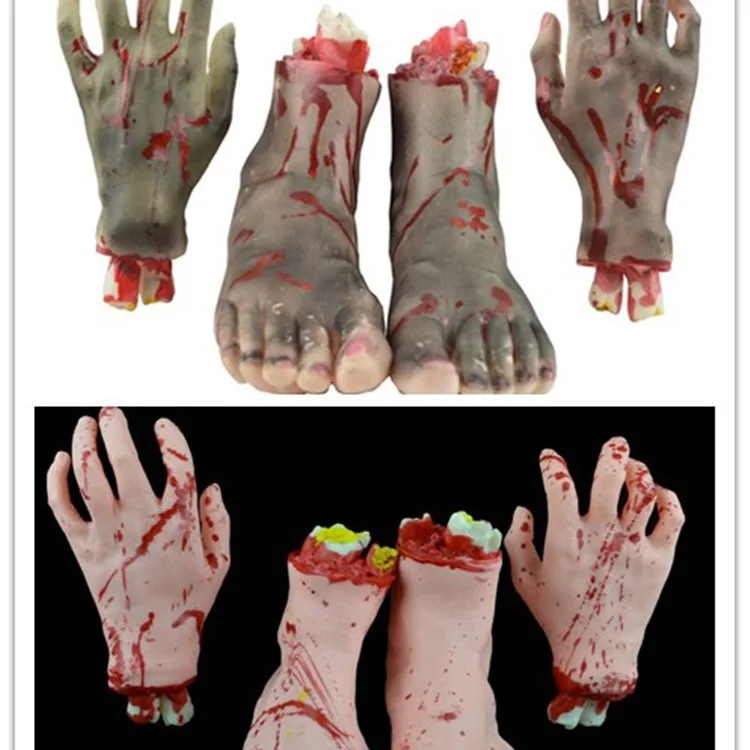 Zestaw rekwizytów na Halloween: krewisto odcięte ręce i stopy do dekoracji na zewnątrz, do ogrodu, do wnętrz, do labiryntu grozy, na imprezę w barze, straszne.
