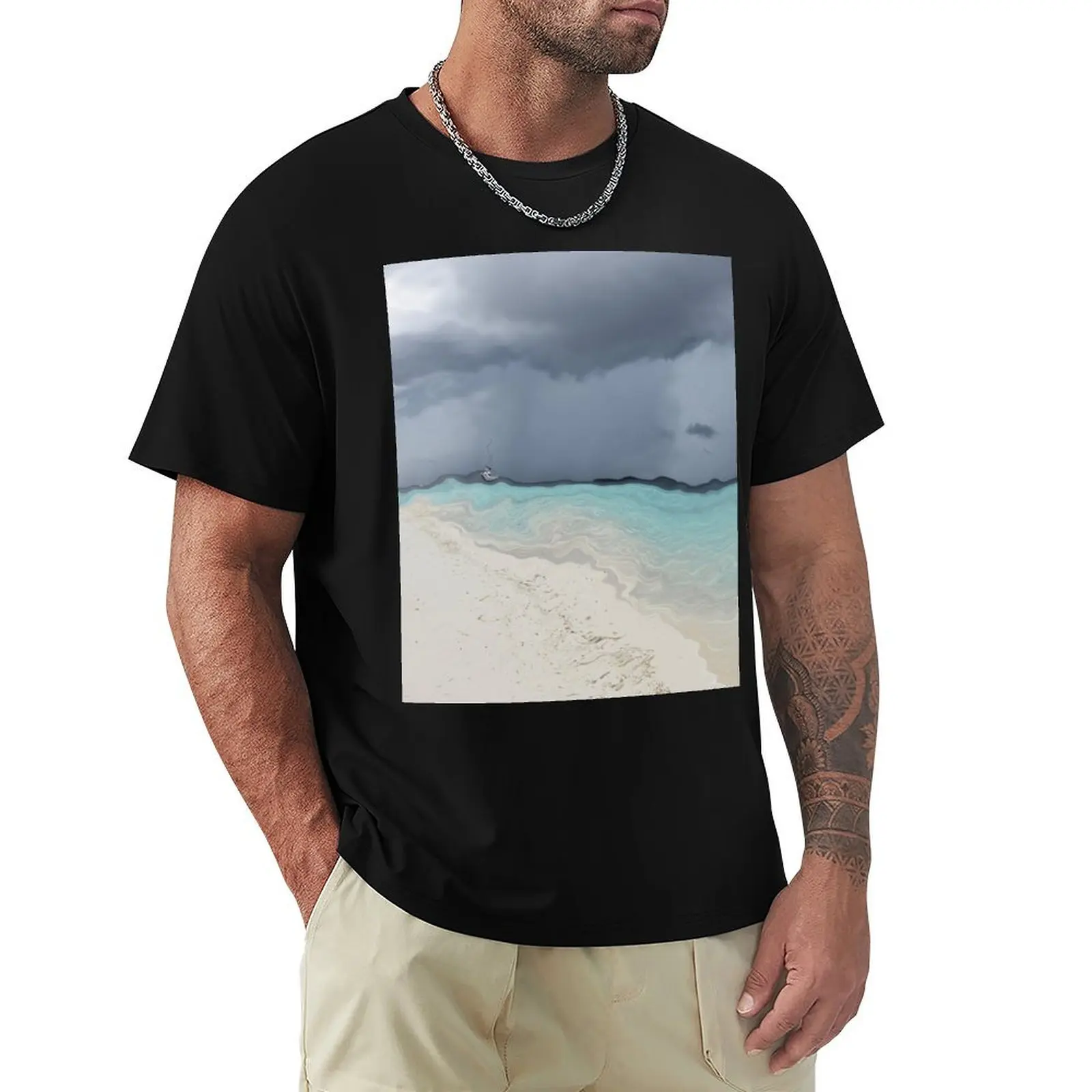 

Grey stormy weather, sandy beach and blue sea - abstract T-Shirt Louboutins oversized designer t shirt men