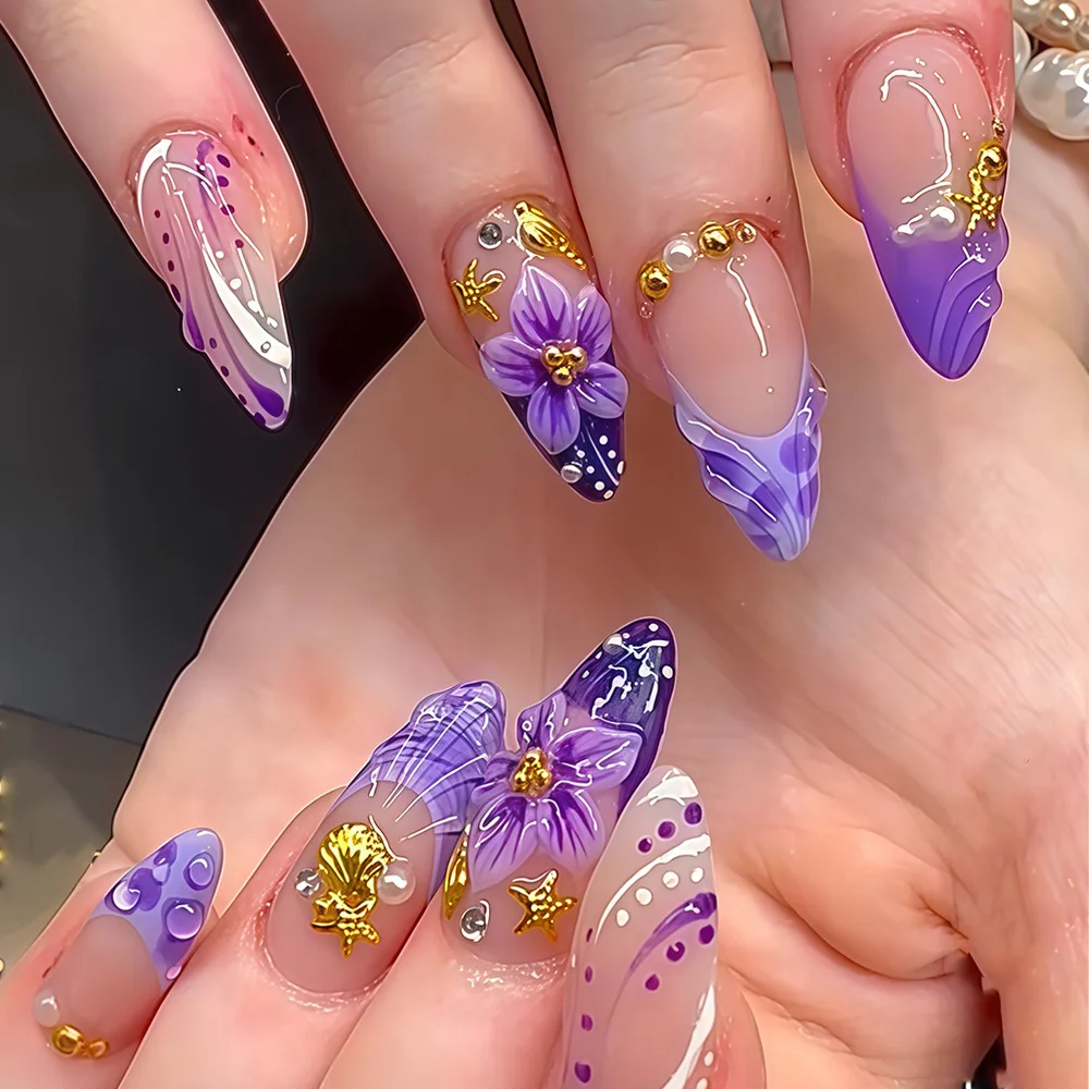 

24pcs Wearable Almond Press on Nails Art Flower Blue French Fake Nails Tips Shell Starfish Decor Full Cover False Nail for Woman