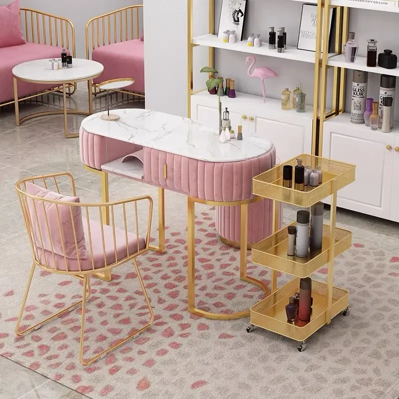 Table de Manucure de Luxe en Velours Rose avec Dessus en Marbre, Taille Personnalisable, Meubles de miles, Ensembles de Tables et Chaises à Ongles