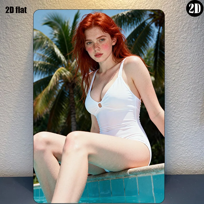 HD Metal Tin Sign, Redhead Swimsuit Girl Poolside Summer Vibes Retro Vintage Wall Decor for Man Cave Bar Pub Home Decoration