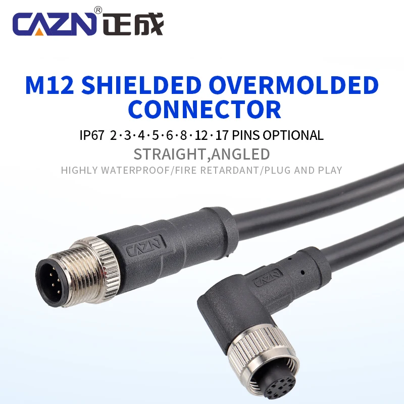 M12 Overmolded Shielded Aviation Plug 2/3/4/5/6/8/12/17 Pins A-type PVC PUR  IP67 Transmission Terminal Sensor Connector