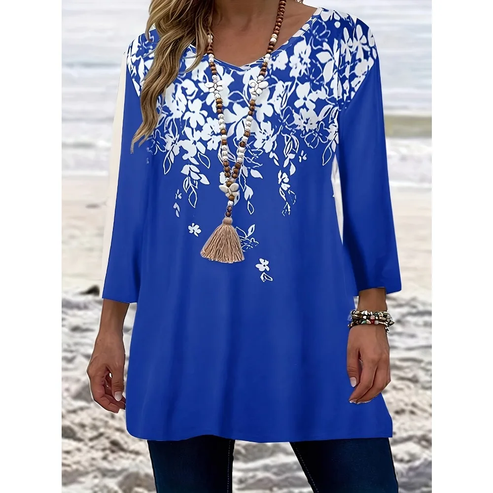 

Plus Size 1XL-5XL Women's Fashion Floral Print Three Quarter Sleeve T-shirt Top Ladies Casual O-neck T-shirt Loose Tops