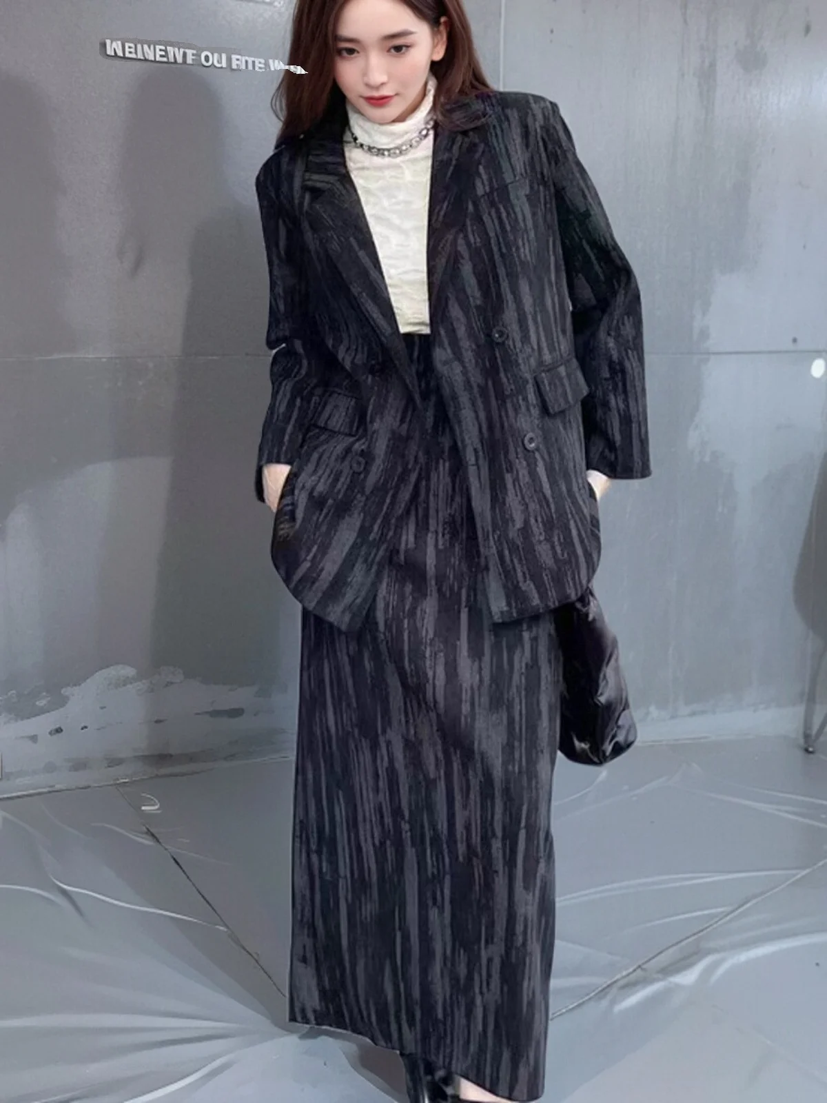 เกาหลี Sle Chic ไหล่ Pad ชุด Jaet ผู้หญิง + กระโปรงเอวสูง Casual Elegance Cotton Blend ยาว Sve ปุ่ม up