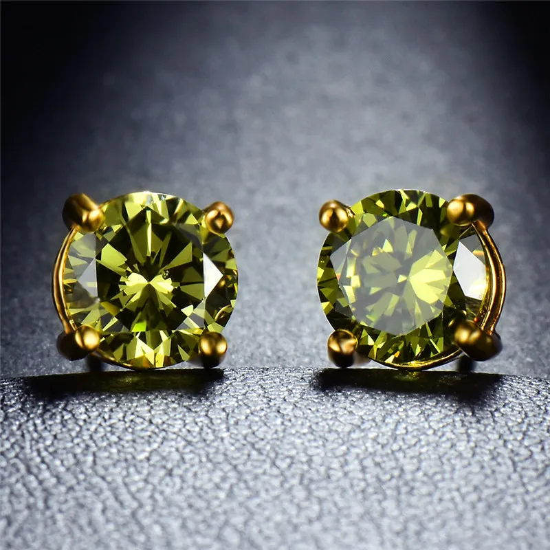 Crystal Female Vintage Gold Color Wedding Jewelry Olive Green Stone Round Stud Earrings For Women