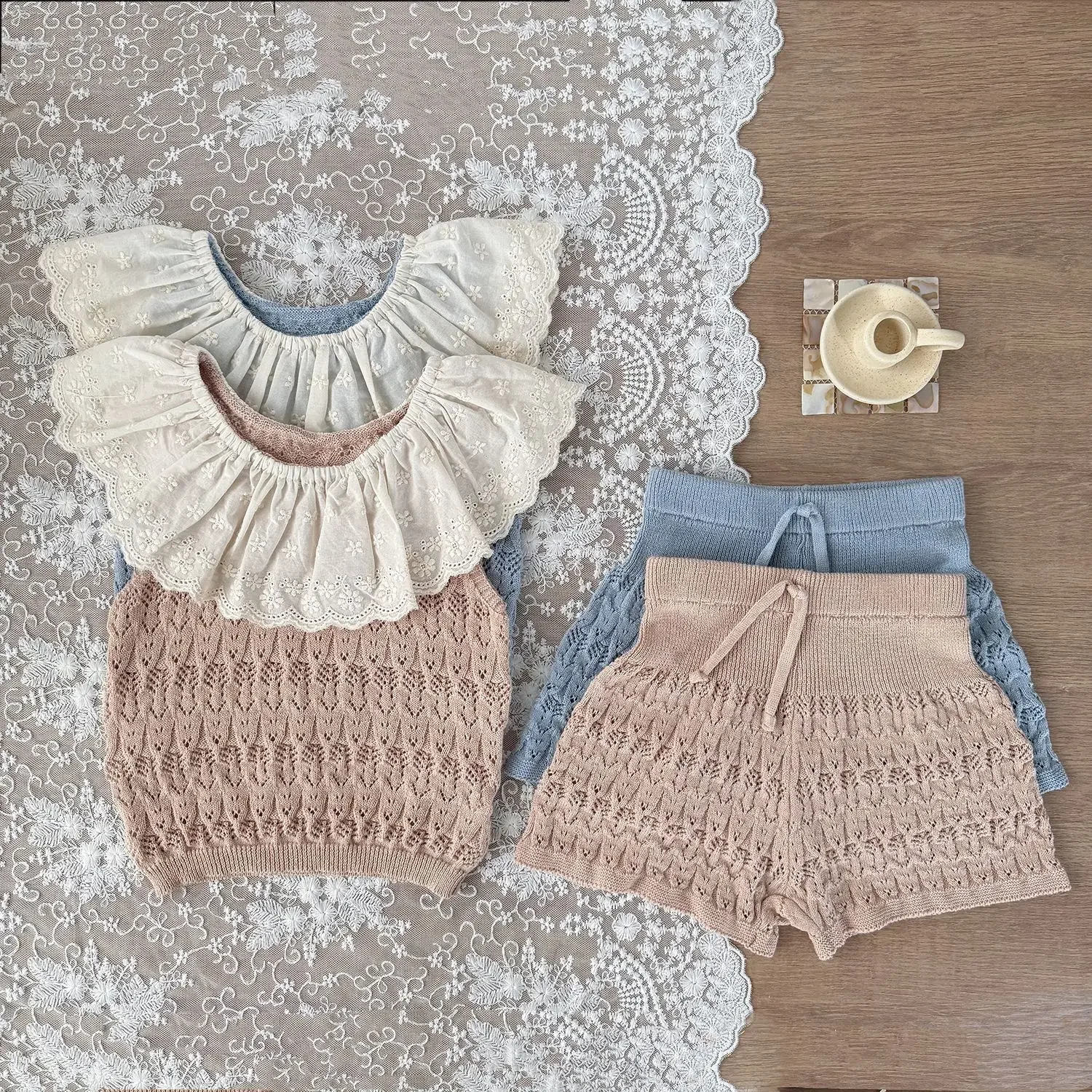 Girls Hollow Knit Vest Cotton Lotus Leaf Embroidered Lace Vest or Short Pant Baby Knitted Clothes 2025 Summer
