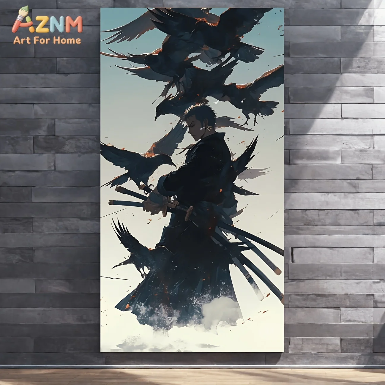 AZNM One Piece Roronoa Zoro Black Crow Cloud Mist Samurai Three Swords Anime Canvas Wall Art Manga Character Print Unframed Canv