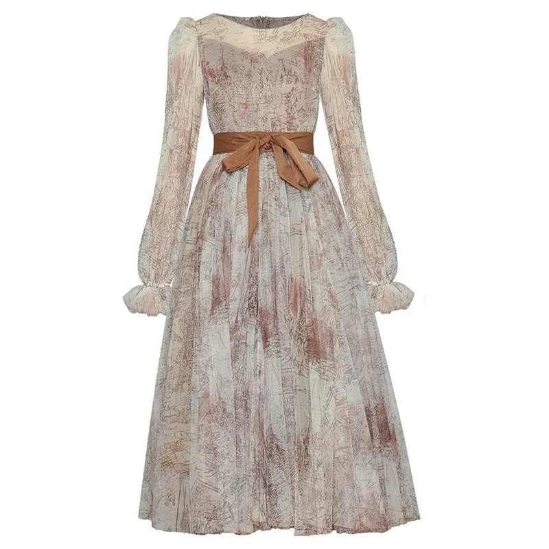 

2023 Fashion Designer Summer Women's O-neck Long Sleeve Belt Printed High waist Mesh Party Midi Dress