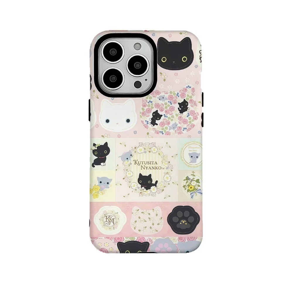 Pink Flowers Black and White Cat Phone Case for IPHONE 16 15 PRO MAX 14 13 12 11 XR X Acrylic TPU Two in One Mobile Phone Cases
