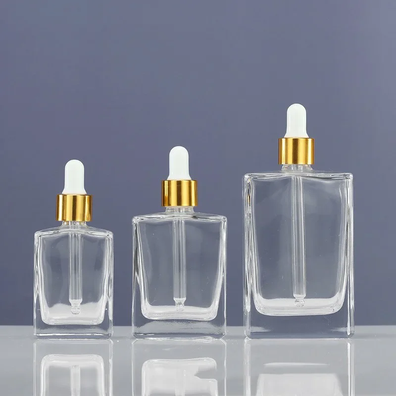 30ml 50ml 15ml 100ml Bottiglie contagocce in vetro per olio essenziale di siero Bottiglie contagocce in vetro per profumo quadrato rettangolo piatto trasparente satinato