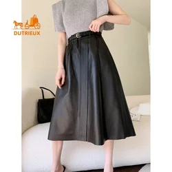 High-end 100% Sheepskin Skirt for Women, New Style Cowhide High Waist Mid-length Genuine Leather A-line Skirt for Work in Winter