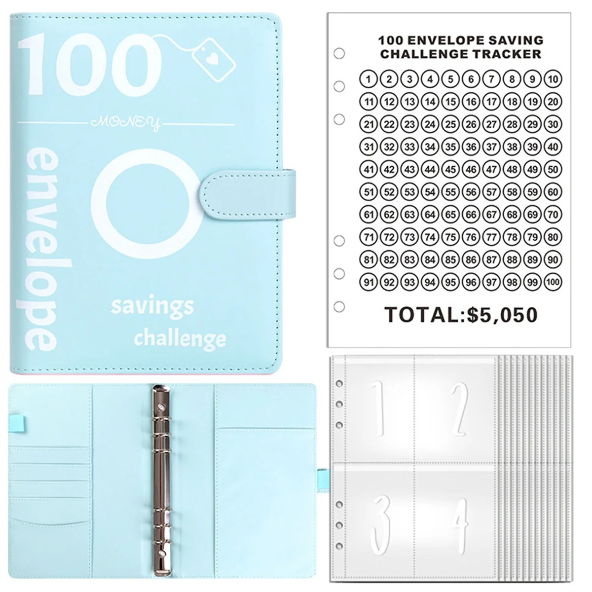 100 Envelopes Money Saving Challenge, 100 Envelope Challenge Binder, Money Saving Binder, Budget Book (Blue)