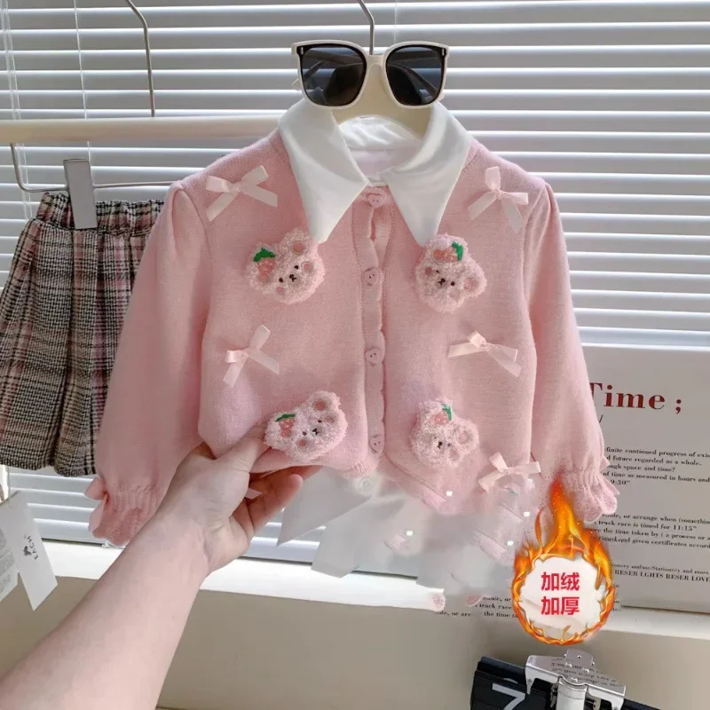 Korean children's clothing  winter new 1-9Y girls sweet three-dimensional cartoon knitted cardigan top 80-130cm