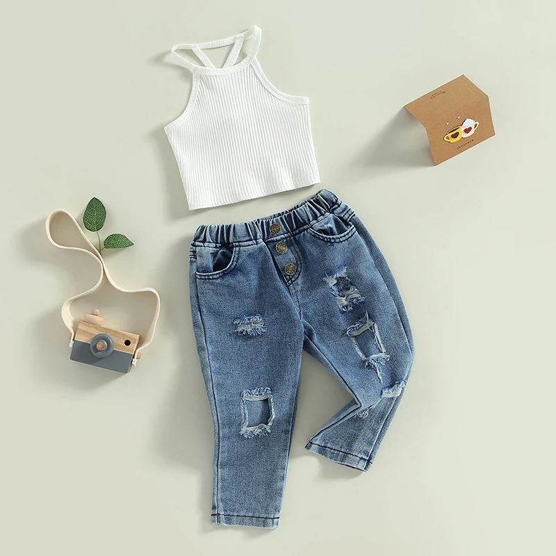 2PCS Baby Girl Straps Sleeveless Backless Tank Tops Ribbed Knitting Vest Ripped Denim Pants Set