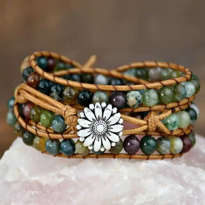 

3 Layer Natural Indian Agate Bead Leather Wrap Bracelet Daisy Charm Adjustable Boho Wristband