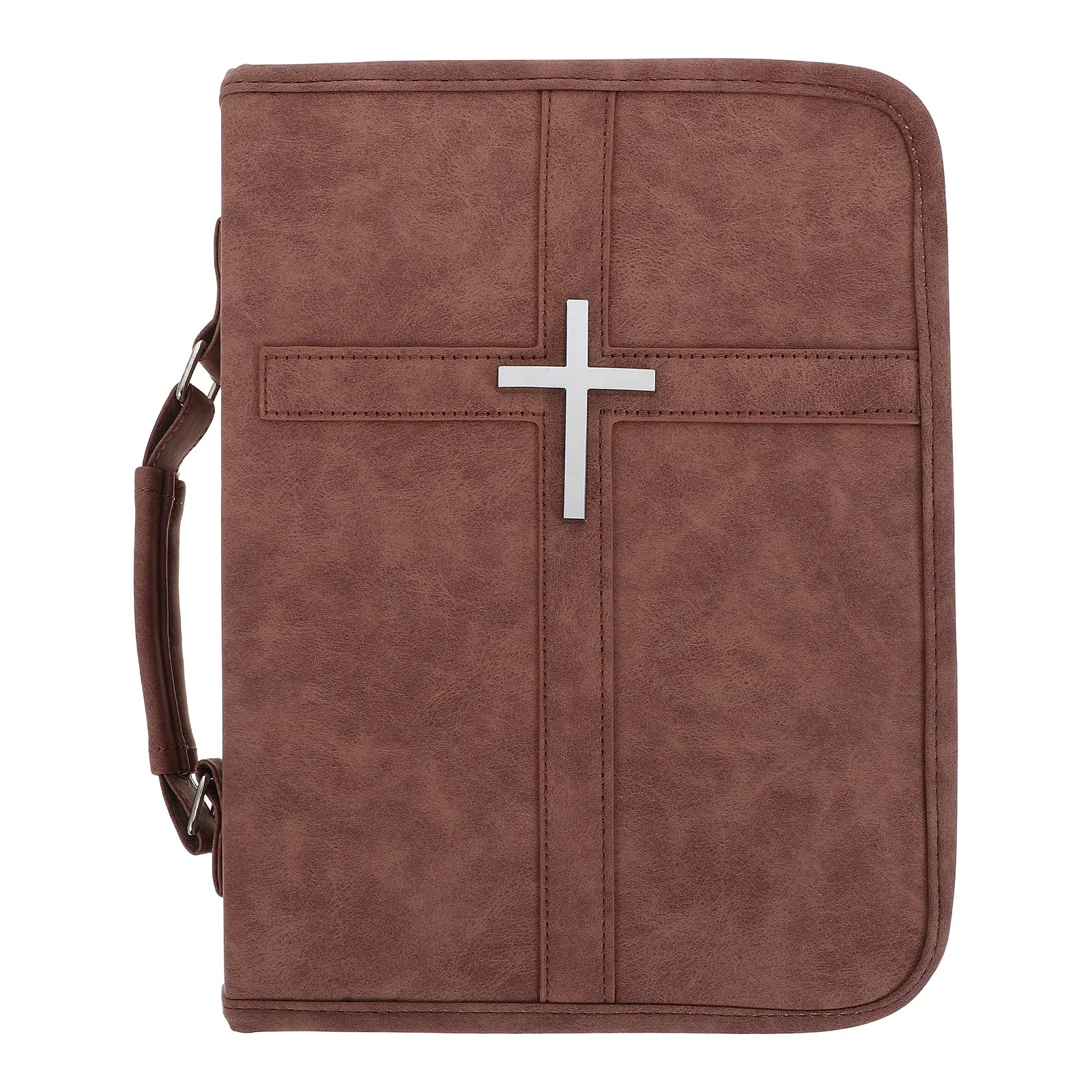 Bible Cover Bag Vintage PU Brown Portable Carrying Handle Pen Slot Phone Pocket Zippered Case for Church Scriptures