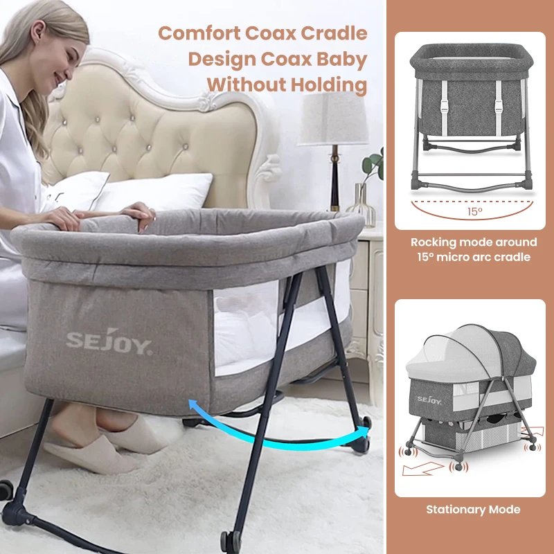 SEJOY Baby Crib Rocking Crib Convertible multi-function folding With Mosquito Net & Mattress & Wheels