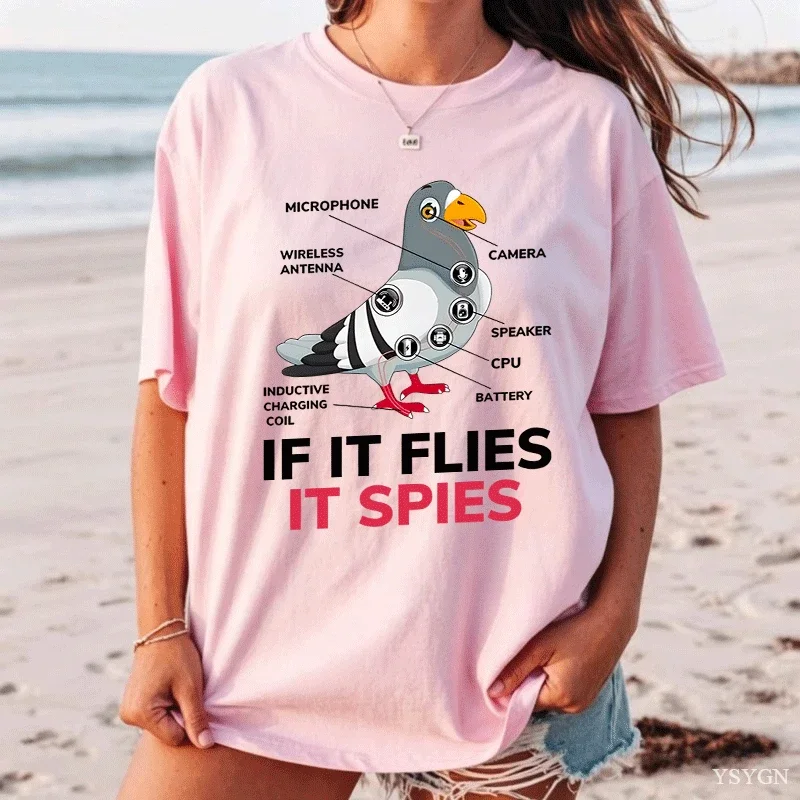 If It Flies It Spies Graphic T Shirts Pigeon Anatomy Bird Classic T-Shirt Cotton Short Sleeve Crew Neck Tshirt Unisex