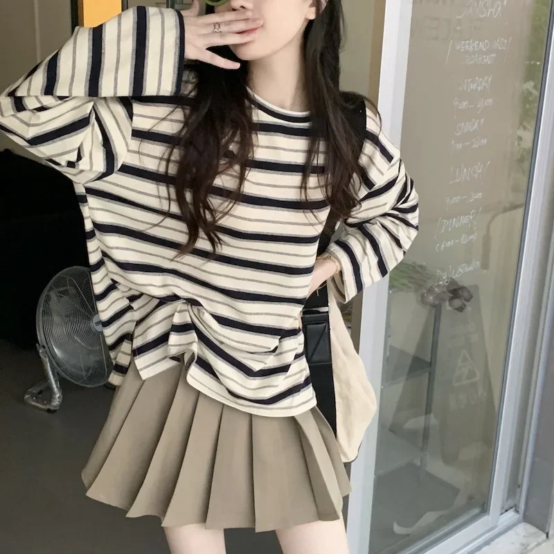 Spring Autumn Women T-shirts harajuku stripe Long Sleeve Preppy Style O Neck Fashion Casual oversized Stripe y2k Tops streetwear