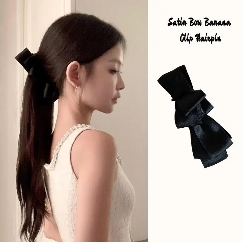 Retro Satin Bow Banana Clip Hairpin Back Of The Head High Ponytail Vertical Clip Hair Claw High-end Hair Accessories For Women